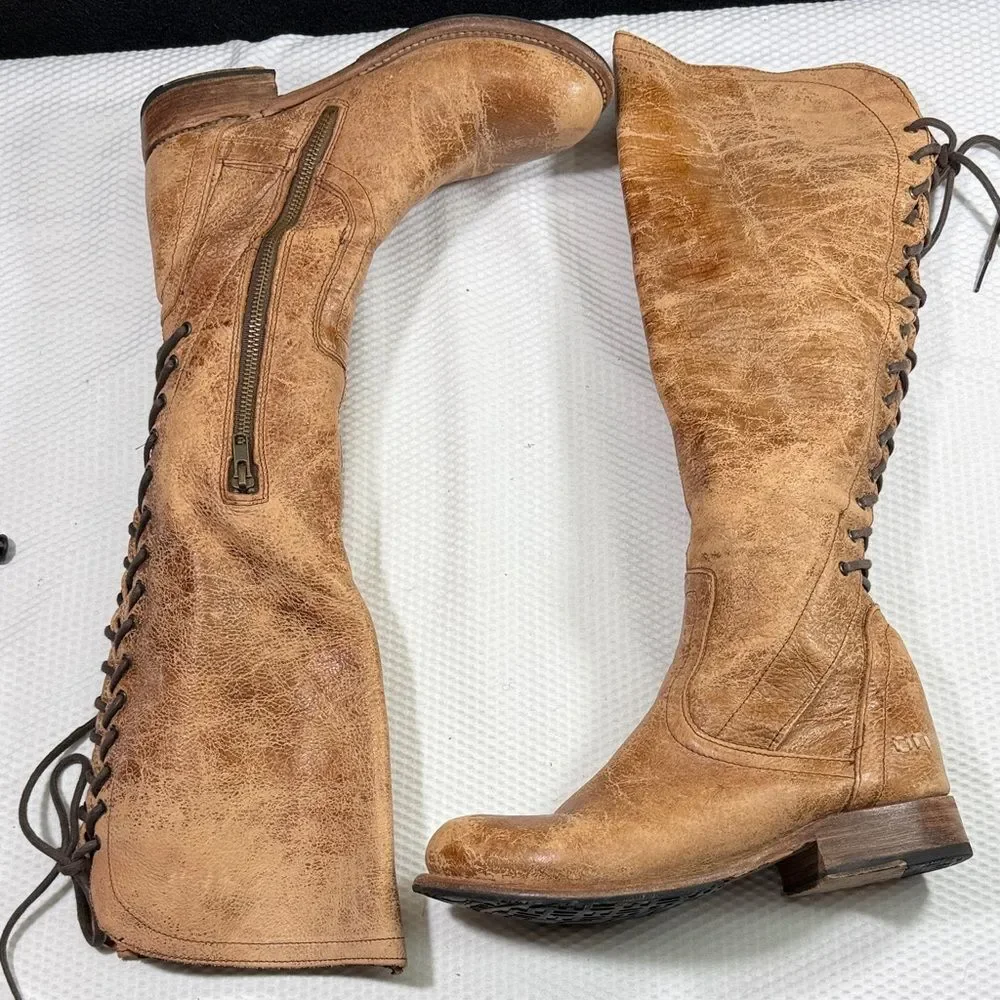 Bed Stu Benchmade Tan Knee-High Lace—Up Back Leather Boots size 8